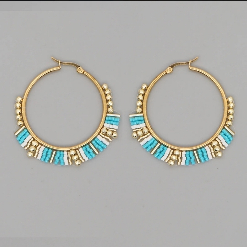 Beaded Hoop Earrings Blue & White Miyuki Rice Beads - Picture 12 of 13